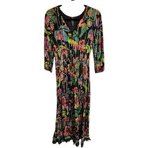 ME 2 MAGIC Anthropologie Black Floral Tropical Colorful Maxi Dress L NWT